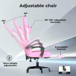 Rackhams Office Desk Chair Fabric Gaming Recliner Adjustable Height Swivel Pink - thumbnail 5