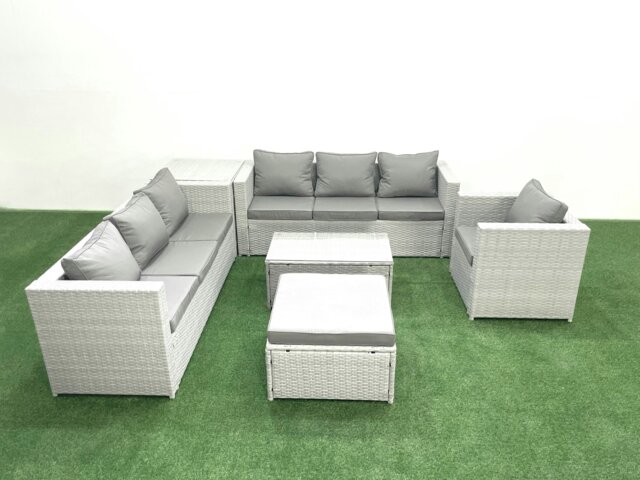 Rackhams Wicker PE Rattan Sofa Garden Furniture Set with Armchair Oblong Coffee Table Big Footstool Side Table Light Grey Mixed - image 1