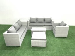Rackhams Wicker PE Rattan Sofa Garden Furniture Set with Armchair Oblong Coffee Table Big Footstool Side Table Light Grey Mixed - thumbnail 1
