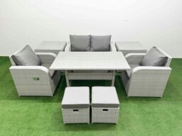 Rackhams Light Grey PE Wicker Rattan Garden Furniture Set Sofa Set Reclining Chair Rectangular Dining Table 6 Seater 2 Small Stools 2 Side Table - thumbnail 1