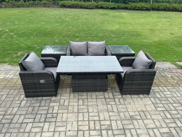 Rackhams Outdoor Rattan Garden Furniture Set Height Adjustable Rising lifting Dining Table Love Sofa With 2 Side Tables Chair - image 1