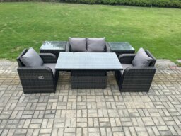 Rackhams Outdoor Rattan Garden Furniture Set Height Adjustable Rising lifting Dining Table Love Sofa With 2 Side Tables Chair - thumbnail 2