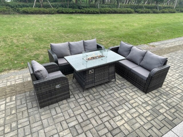 Rackhams Rattan Outdoor Furniture Gas Fire Pit Rectangle Dining Table Gas Heater Reclining Chair 3 Seater Sofa Sets 7 Seater - image 1