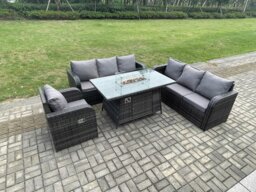 Rackhams Rattan Outdoor Furniture Gas Fire Pit Rectangle Dining Table Gas Heater Reclining Chair 3 Seater Sofa Sets 7 Seater - thumbnail 1