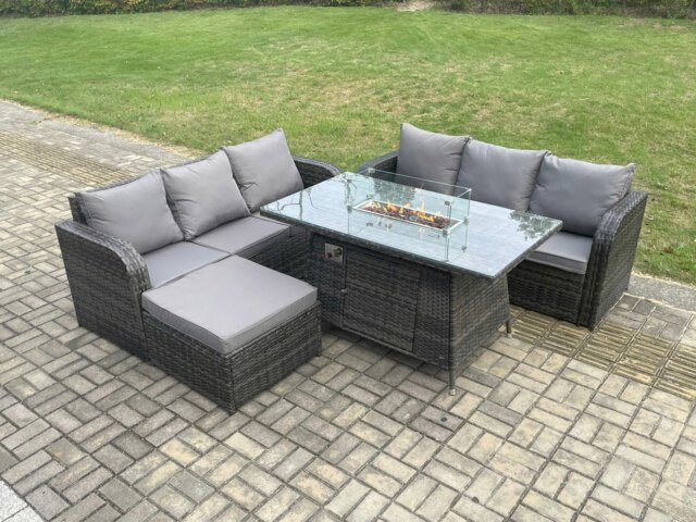 Rackhams Rattan Garden Furniture Set with Fire Pit Table 7 Seater Outdoor Patio Lounge Sofa Set Dark Grey Mixed - image 1