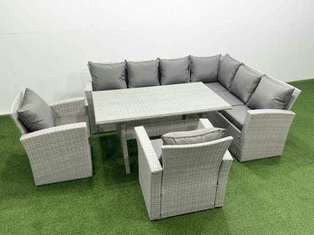 Rackhams Rattan Garden Furniture Set Outdoor 8 Seater Patio Dining Corner Sofa Sets with Dining Table Chair Light Grey Mixed - image 1