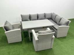 Rackhams Rattan Garden Furniture Set Outdoor 8 Seater Patio Dining Corner Sofa Sets with Dining Table Chair Light Grey Mixed