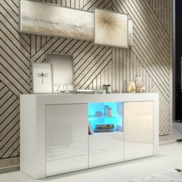 Rackhams Modern TV Unit Cabinet 145cm Stand & with White Gloss Doors & Free LED - 145 cm - 1 - Wite Matt Body & White Gloss Doors