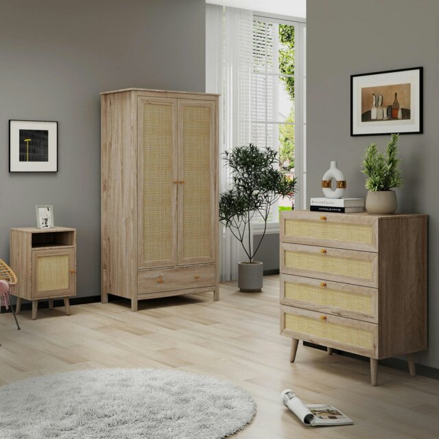 Rackhams Willow Rattan 3 Piece Bedroom Set with 2 Door Wardrobe, Bedside Table & Chest of 4 Drawers - Oak and Rattan