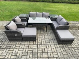 Rackhams 9 Seater Garden Rattan Furniture Dining Table Sofa Set Indoor Outdoor with 2 Reclining Chairs 2 Side Tables 2 Big Footstool Dark Grey Mixed - thumbnail 1