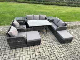 Rackhams 9 Seater Garden Rattan Furniture Dining Table Sofa Set Indoor Outdoor with 2 Reclining Chairs 2 Side Tables 2 Big Footstool Dark Grey Mixed - thumbnail 2
