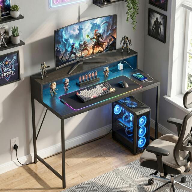 Rackhams Gaming Desk with LED Lights and Power Outlets, Black Wood-Effect - image 1
