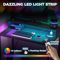 Rackhams Gaming Desk with LED Lights and Power Outlets, Black Wood-Effect - thumbnail 4