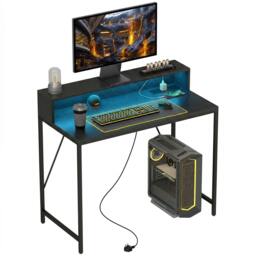 Rackhams Gaming Desk with LED Lights and Power Outlets, Black Wood-Effect - thumbnail 2