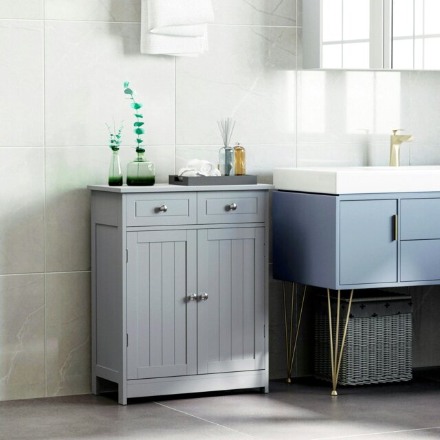 Rackhams Bathroom Floor Storage Cabinet w/ 2 Drawers Door Cupboard Grey White - Grey - image 1