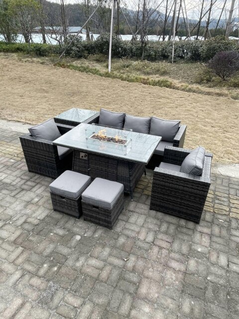 Rackhams Outdoor PE Rattan Garden Furniture Gas Fire Pit Dining Table Armchairs With High Side Coffee Table 2 Stools Dark Grey Mixed - image 1