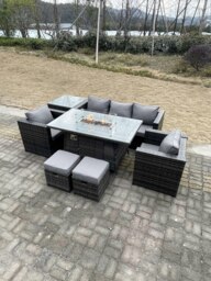 Rackhams Outdoor PE Rattan Garden Furniture Gas Fire Pit Dining Table Armchairs With High Side Coffee Table 2 Stools Dark Grey Mixed - thumbnail 1