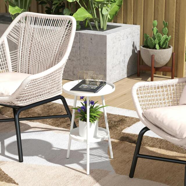Rackhams Round Garden Table, 2-Tier Metal Patio Table Coffee Table, White - image 1