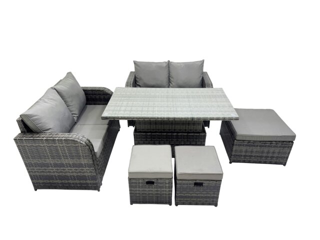 Rackhams 7 seater Patio Height Adjustable Rising Lifting Table Sofa Sets Rattan Garden Furniture Dining Set with 3 Stools Dark Grey Mixed - image 1