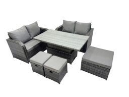 Rackhams 7 seater Patio Height Adjustable Rising Lifting Table Sofa Sets Rattan Garden Furniture Dining Set with 3 Stools Dark Grey Mixed - thumbnail 2