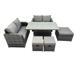 Rackhams 7 seater Patio Height Adjustable Rising Lifting Table Sofa Sets Rattan Garden Furniture Dining Set with 3 Stools Dark Grey Mixed - thumbnail 1
