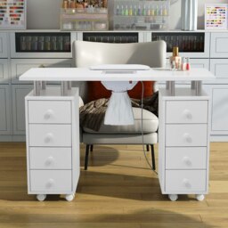 Rackhams 4ft Wide White Movable Manicure Table Nail Station with Dust Collector - thumbnail 1