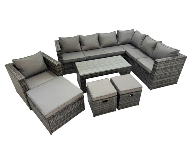 Rackhams Outdoor Rattan Oblong Coffee Table Corner Sofa Sets Garden Furniture Set with Chair 3 Stool Dark Grey Mixed - image 1