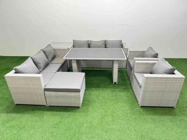 Rackhams 9 Seater Wicker PE Rattan Furniture Outdoor Dining Table 3 Seater Sofa Armchair Set with Side Table Big Stool Light Grey - image 1