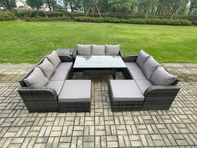 Rackhams Wicker PE Rattan Sofa Outdoor Garden Furniture Set with Rectangular Dining Table 2 Big Footstool Side Table Dark Grey Mixed - image 1