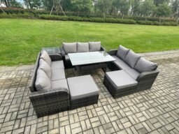 Rackhams Wicker PE Rattan Sofa Outdoor Garden Furniture Set with Rectangular Dining Table 2 Big Footstool Side Table Dark Grey Mixed - thumbnail 2