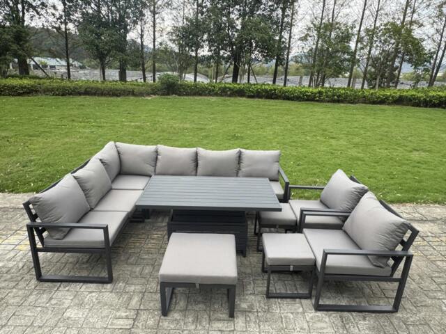 Rackhams 11 Seater Aluminium Aluminium Garden Furniture Set with Adjustable Rising Dining Table, Corner Sofa, 3 Footstools, 2 Chairs - Grey