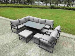 Rackhams 11 Seater Aluminium Aluminium Garden Furniture Set with Adjustable Rising Dining Table, Corner Sofa, 3 Footstools, 2 Chairs - Grey - thumbnail 2