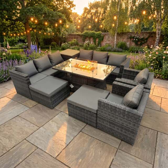Rackhams 10 Seater Rattan Garden Furniture Set with 2 Sofa, Gas Fire Pit Dining Table, Side Table, 2 Stools & 2 Chairs - Dark Grey - image 1