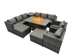 Rackhams 10 Seater Rattan Garden Furniture Set with 2 Sofa, Gas Fire Pit Dining Table, Side Table, 2 Stools & 2 Chairs - Dark Grey - thumbnail 3
