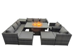 Rackhams 10 Seater Rattan Garden Furniture Set with 2 Sofa, Gas Fire Pit Dining Table, Side Table, 2 Stools & 2 Chairs - Dark Grey - thumbnail 2