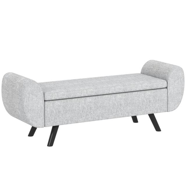 Rackhams Storage Ottoman with Armrest, Upholstered Linen Storage Bench, Window Seat with Rubberwood Legs, Footstool, Light Grey