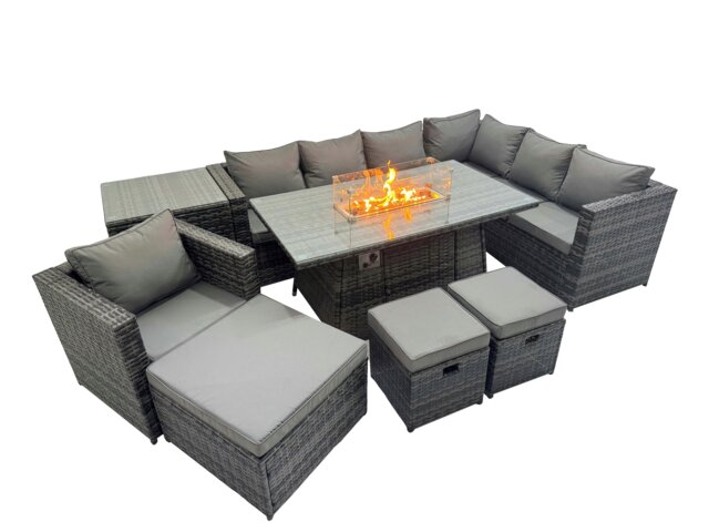 Rackhams Garden Rattan Furniture Set 10 Seater Outdoor Corner Sofa Chair Gas Fire Pit Dining Table Set with Side Table 3 Stool Dark Grey - image 1