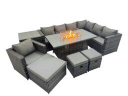 Rackhams Garden Rattan Furniture Set 10 Seater Outdoor Corner Sofa Chair Gas Fire Pit Dining Table Set with Side Table 3 Stool Dark Grey - thumbnail 1