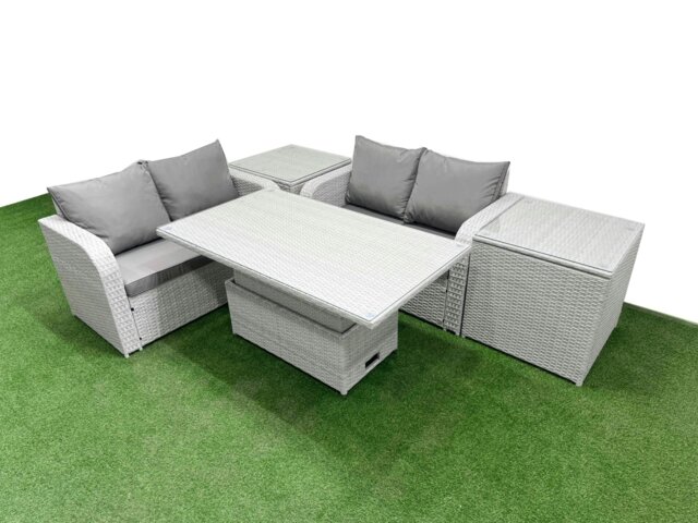 Rackhams 4 Seater Outdoor Love Sofa Set Rattan Garden Furniture Set with Adjustable Lifting Dining or Coffee Table 2 Side Tables Light Grey - image 1