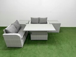 Rackhams 4 Seater Outdoor Love Sofa Set Rattan Garden Furniture Set with Adjustable Lifting Dining or Coffee Table 2 Side Tables Light Grey - thumbnail 2