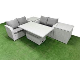 Rackhams 4 Seater Outdoor Love Sofa Set Rattan Garden Furniture Set with Adjustable Lifting Dining or Coffee Table 2 Side Tables Light Grey - thumbnail 1