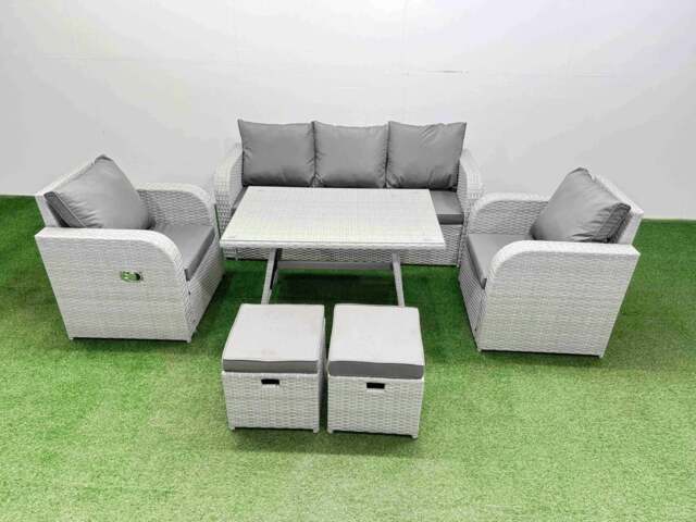 Rackhams Reclining Chair 3 Seat Sofa Set Garden Furniture Set with Rectangular Dining Table 2 Small Footstools Light Grey - image 1