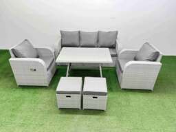 Rackhams Reclining Chair 3 Seat Sofa Set Garden Furniture Set with Rectangular Dining Table 2 Small Footstools Light Grey - thumbnail 1