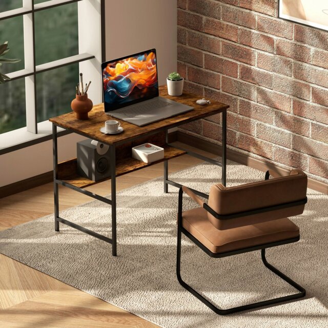Rackhams 2-Tier Writing Desk Metal Frame with Storage Shelf Rustic Brown - Rustic Brown - 60 - Particle board, metal - image 1