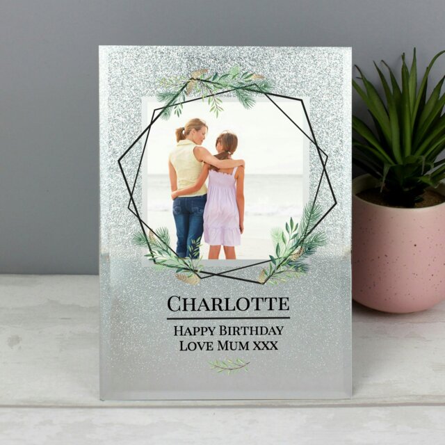 Rackhams Personalised Geo Leaves 4x4 Glitter Glass Photo Frame - image 1