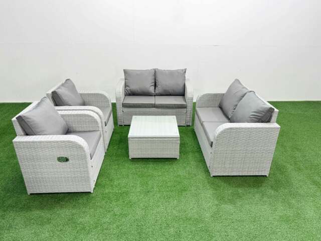 Rackhams 6 Seater Outdoor Reclining Chair Love Sofa Set Rattan Garden Furniture Set with Square Coffee Table Light Grey - image 1