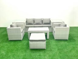Rackhams Rattan Garden Furniture Set 7 Pieces Outdoor Garden Sofa Oblong Coffee Table Set with 2 Chairs 2 Side Tabes Stool Light Grey Mixed - thumbnail 2
