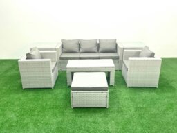 Rackhams Rattan Garden Furniture Set 7 Pieces Outdoor Garden Sofa Oblong Coffee Table Set with 2 Chairs 2 Side Tabes Stool Light Grey Mixed - thumbnail 1