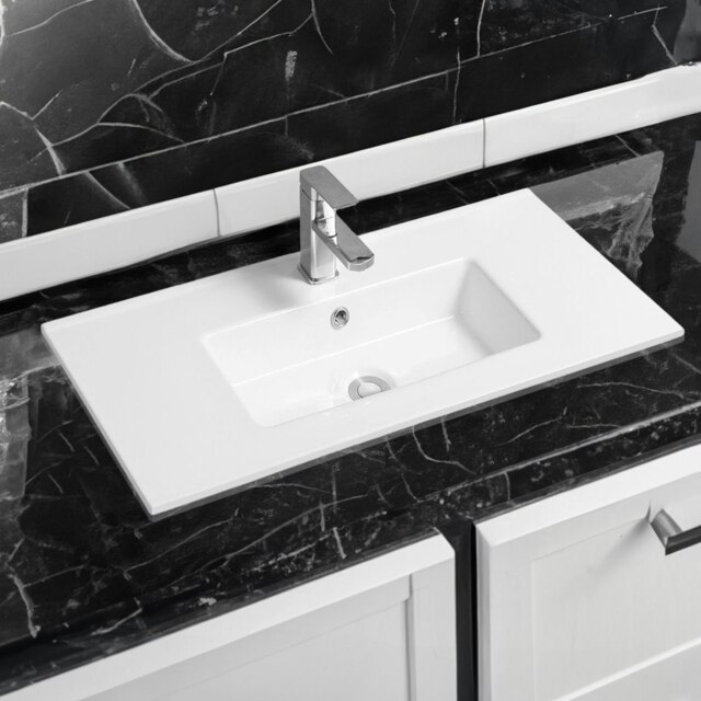 Rackhams 4024A Ceramic 81cm Thin-Edge Inset Basin with Rectangular Bowl - White - Ceramic - 81cm - image 1
