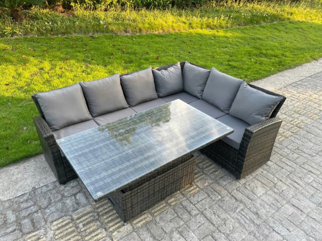 Rackhams PE Rattan Corner Garden Furniture High Back Sofa Set Adjustable Rising Lifting Table Set 6 Seater - image 1